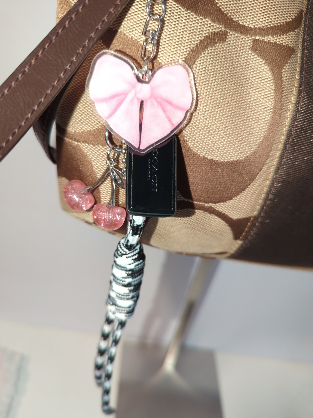 Coach Authentic Patent Leather Black Hangtag + Pink Heart Bow Cherry Bag Charm